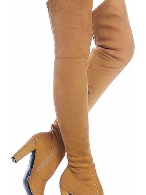 Over-the-Knee Block Heel Boots in Tan Suede Sz 6 Women